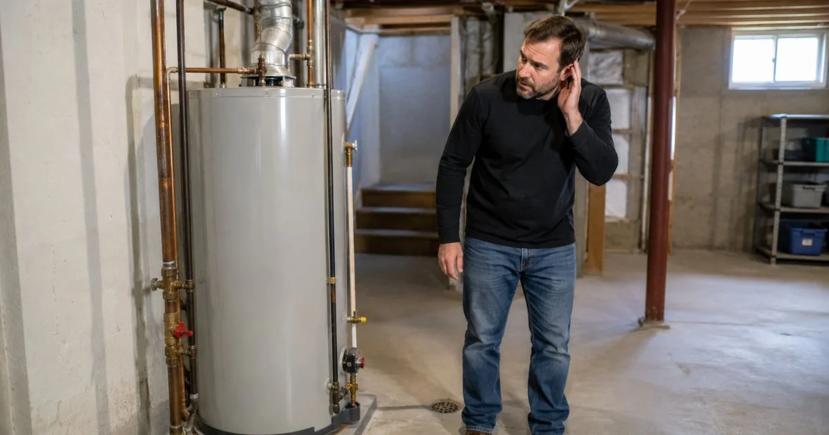Homeowner listening for unusual noises from a basement water heater.